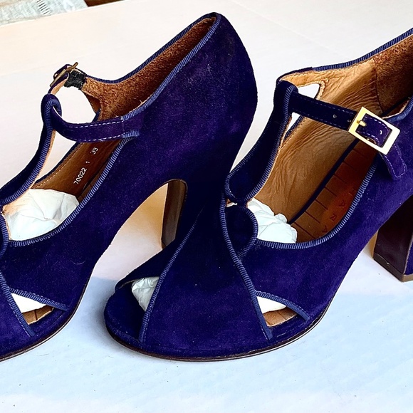Plum Purple T-Strap Peep Toe Chunky Heel Shoes - Picture 4 of 7